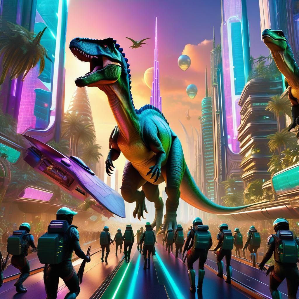 Dinosaur Riders Parade in Solarpunk City