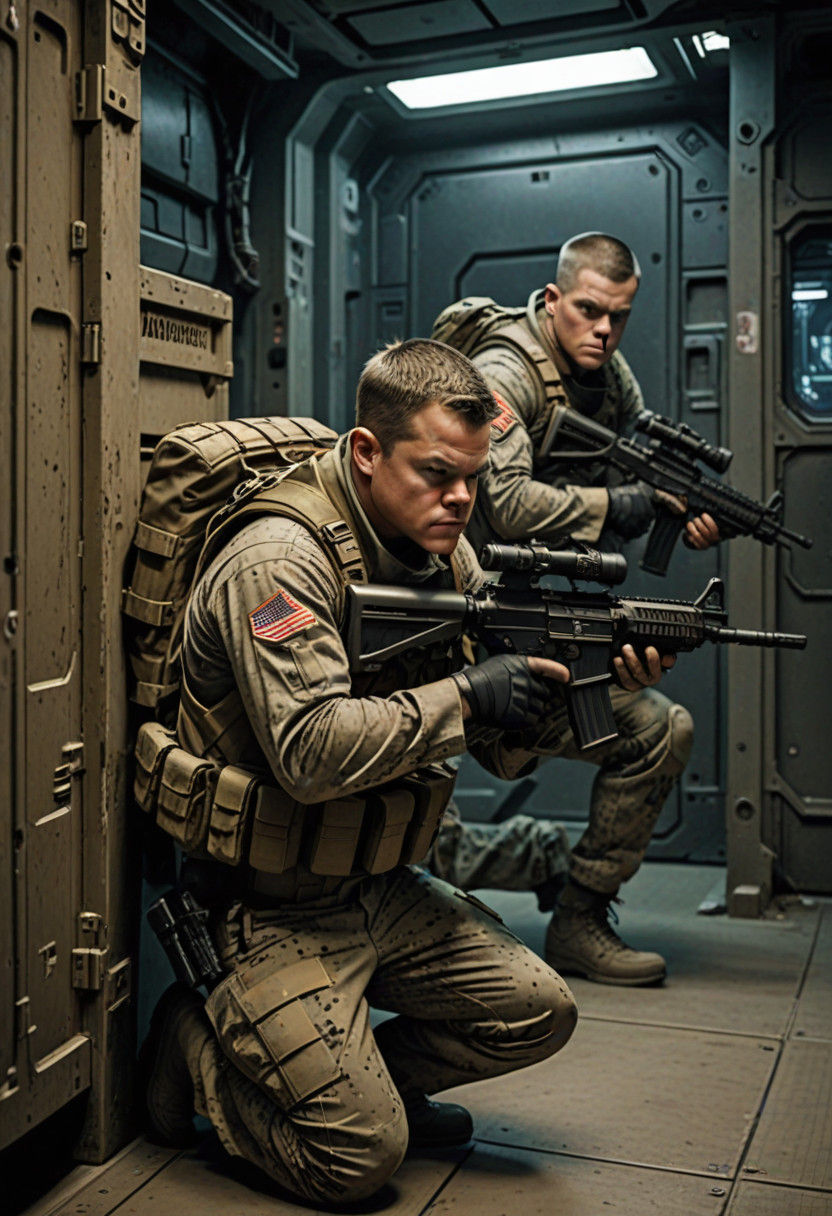 Cyberpunk Space Marine Engaged in Futuristic Firefight