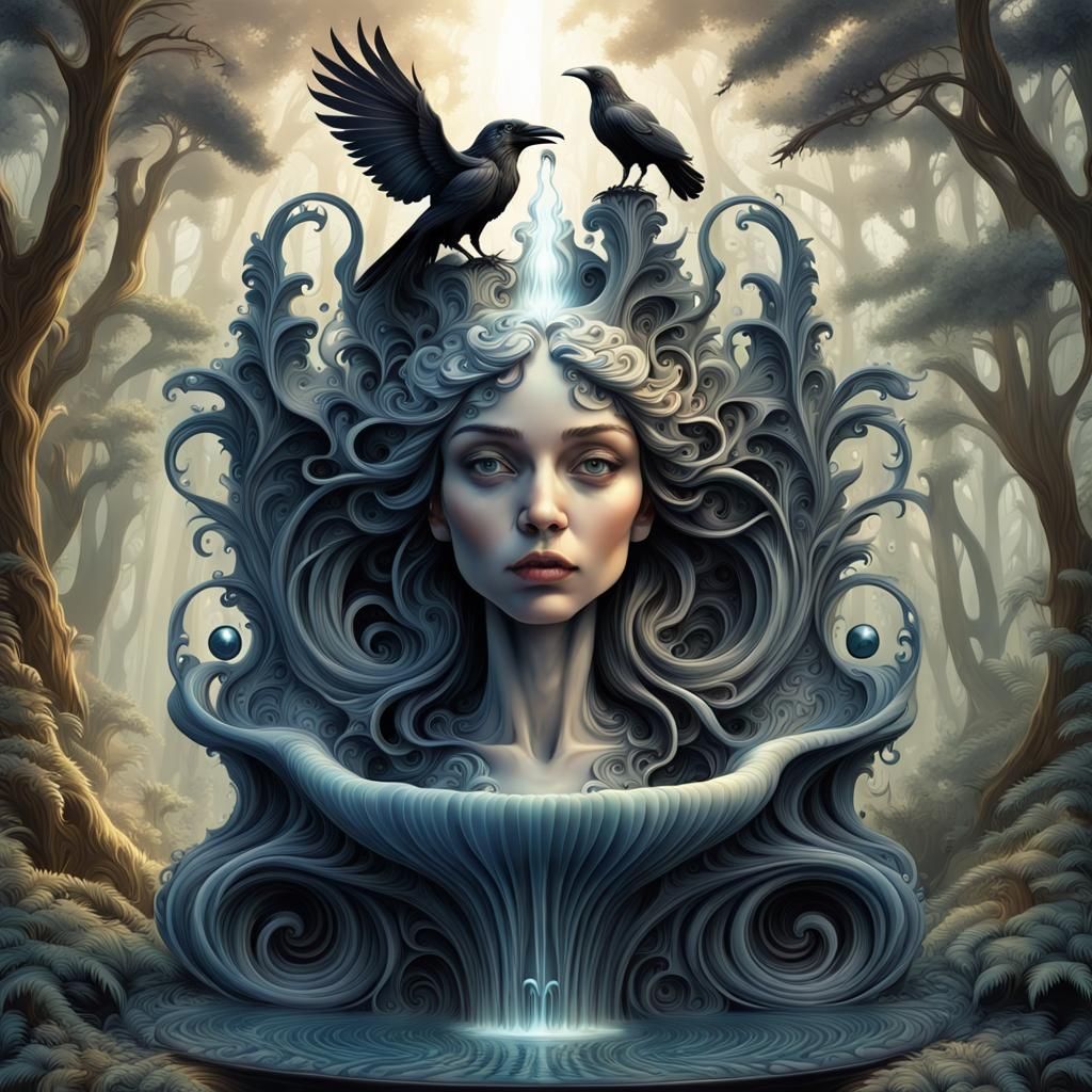 Maximalist Raven Water Fountain in Alien Forest