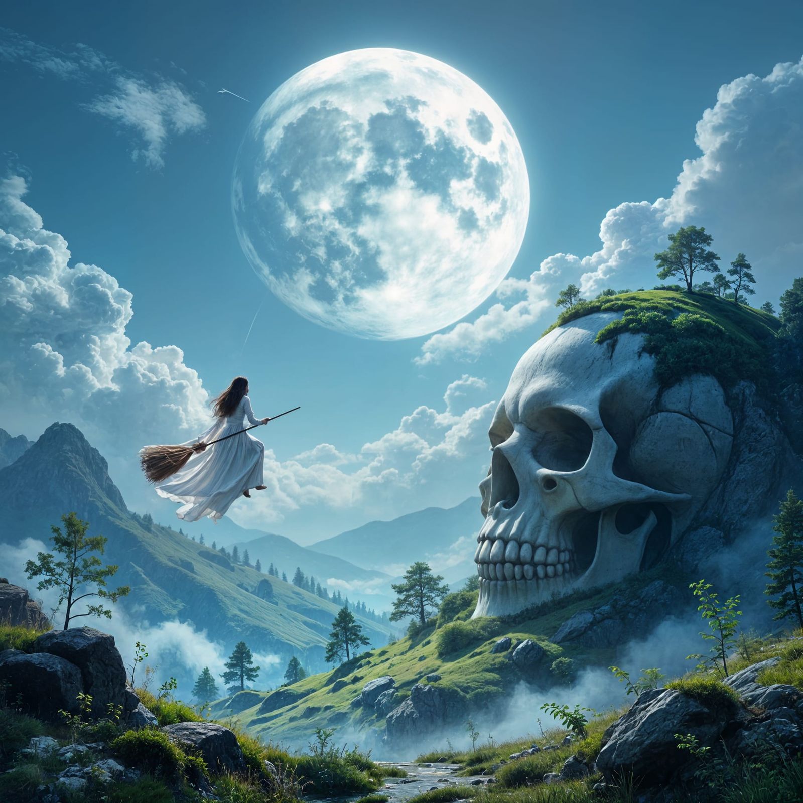 White Witch Flies Over Skull Rock Under Large Moon