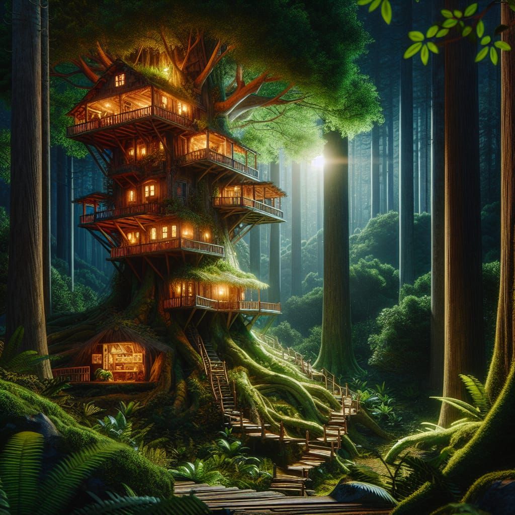 Picturesque Treehouse in Forest at Night