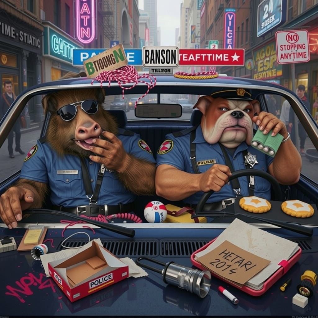 Hyperrealistic Animal Police in Dystopian Cityscape
