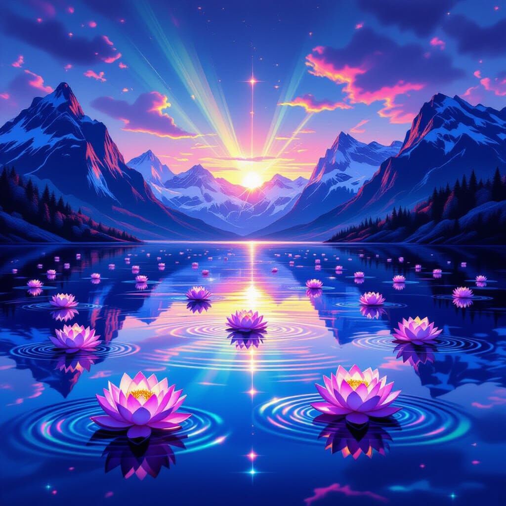 Surreal Crystal Lake with Fractal Flowers and Glass Mountain...