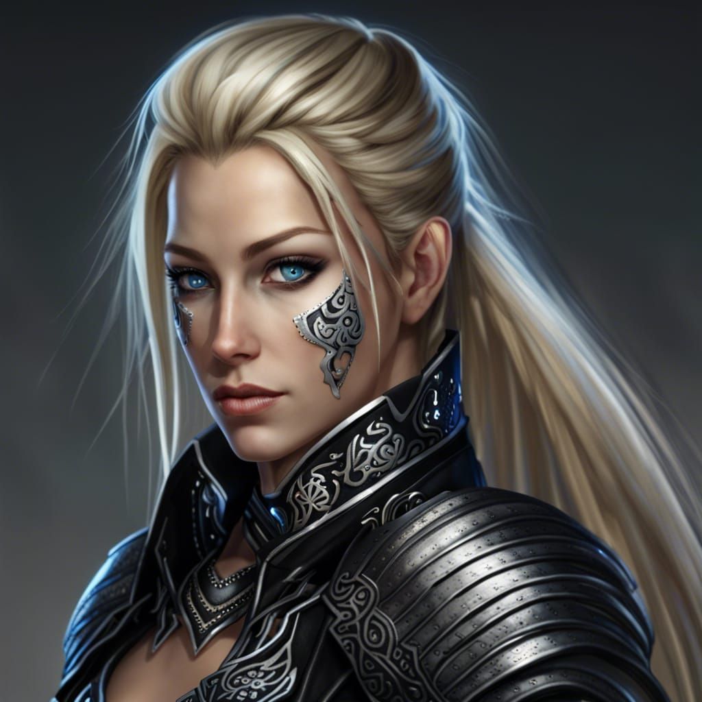 Blonde Woman in Black Leather Armor with Tiger Tattoos