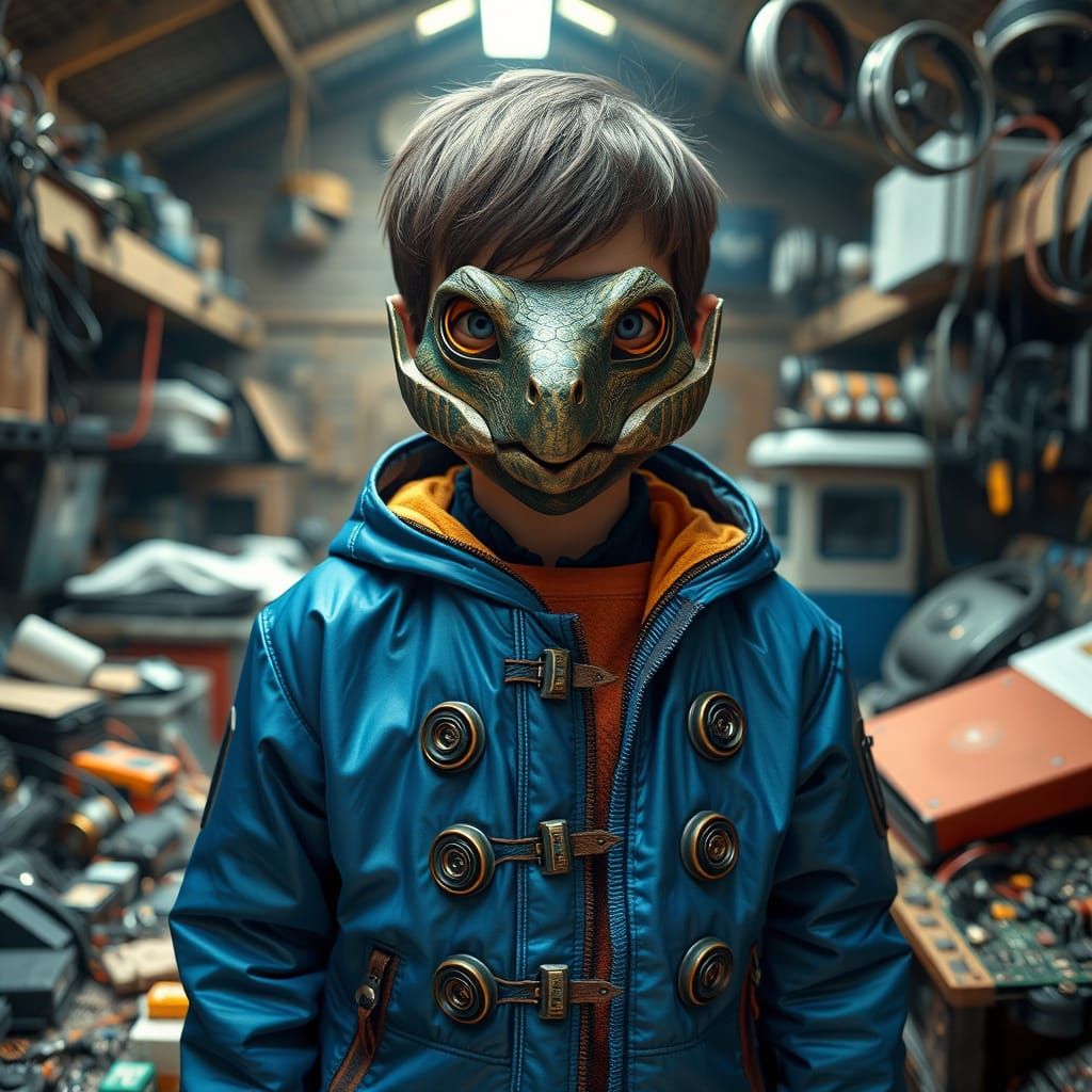 Futuristic Boy with Turtle Mask in Sci-Fi Shed