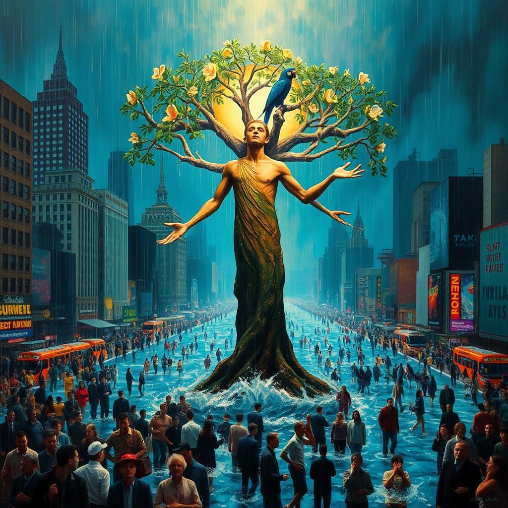 Celestial Tree Being in Flooded City, Dreamlike Art