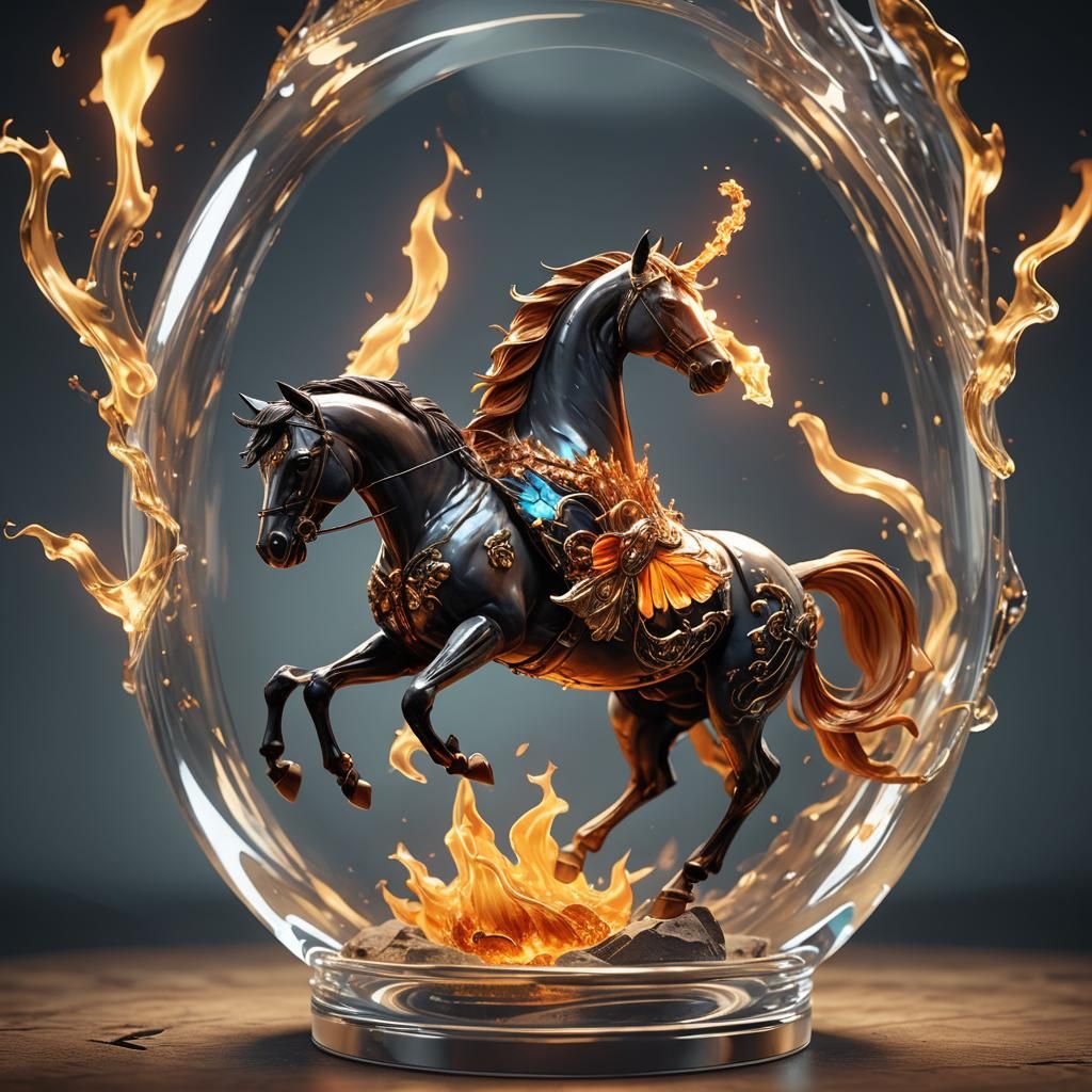 Fiery Butterfly and Horse in Glass, 3D Render