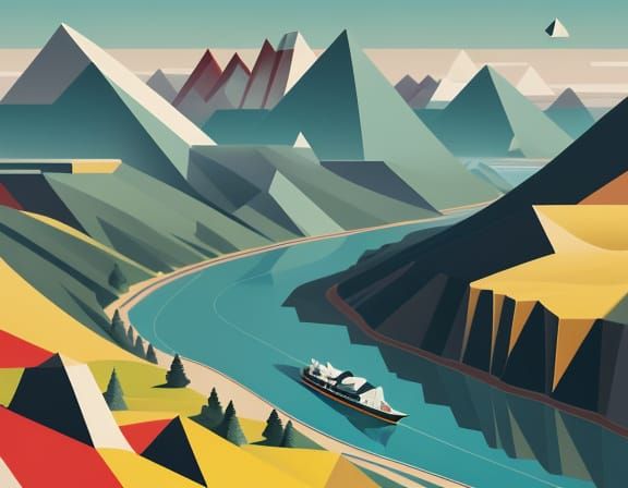 Cubist Siberian River Valley in Emerald and Ochre