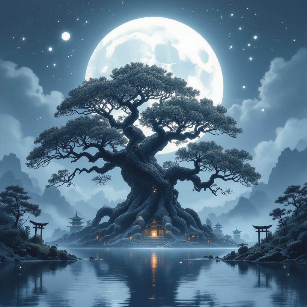 Ancient Tree Under Full Moon in Ink-Wash Style
