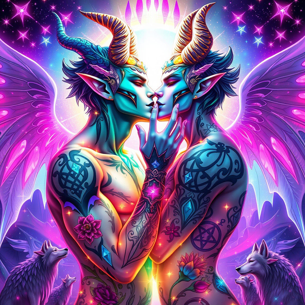 Rainbow Demon Spirits Kiss in Ethereal Anime Art
