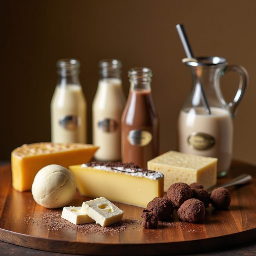 Luxurious Dessert Spread with Artisanal Cheeses and Metallic...