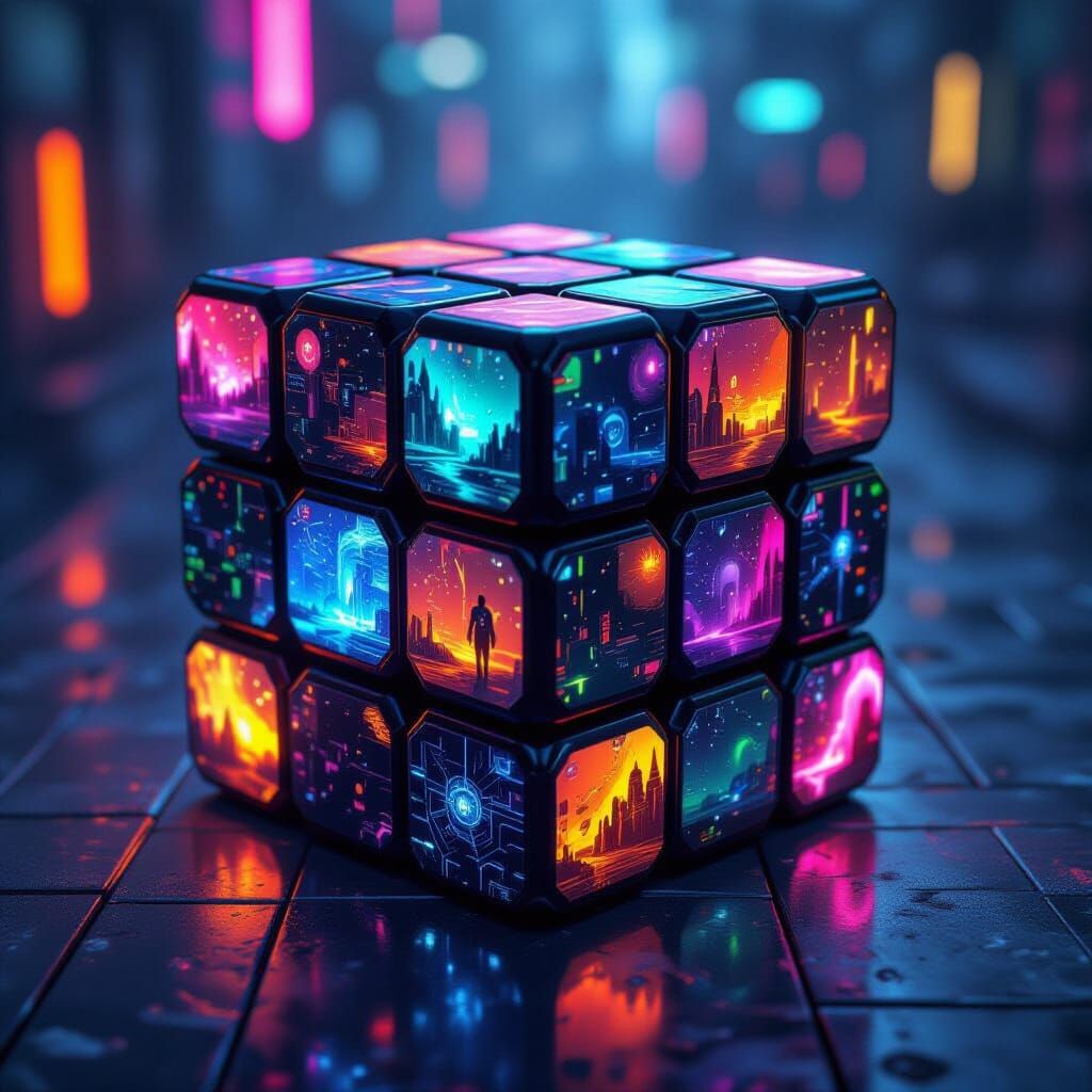 Rubik's Cubes: Portals in a Futuristic Sci-Fi Style