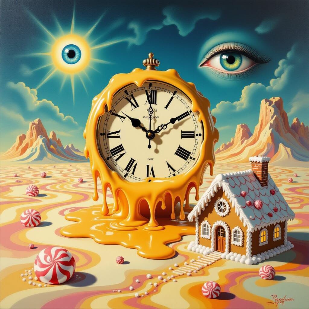 Melting Clock Over Nougat Landscape as Oil Painting