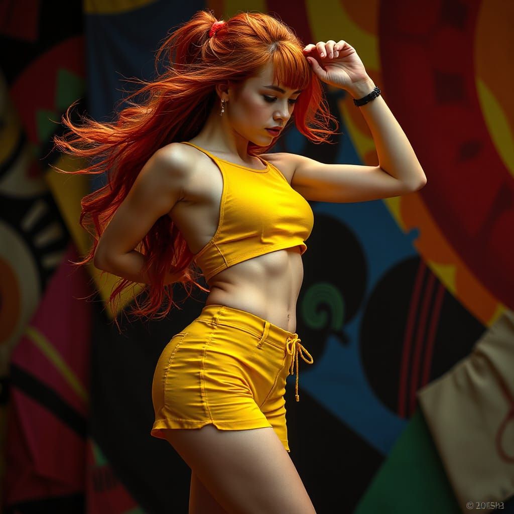 Redhead Woman Dancing in Hyperrealistic Digital Art Style
