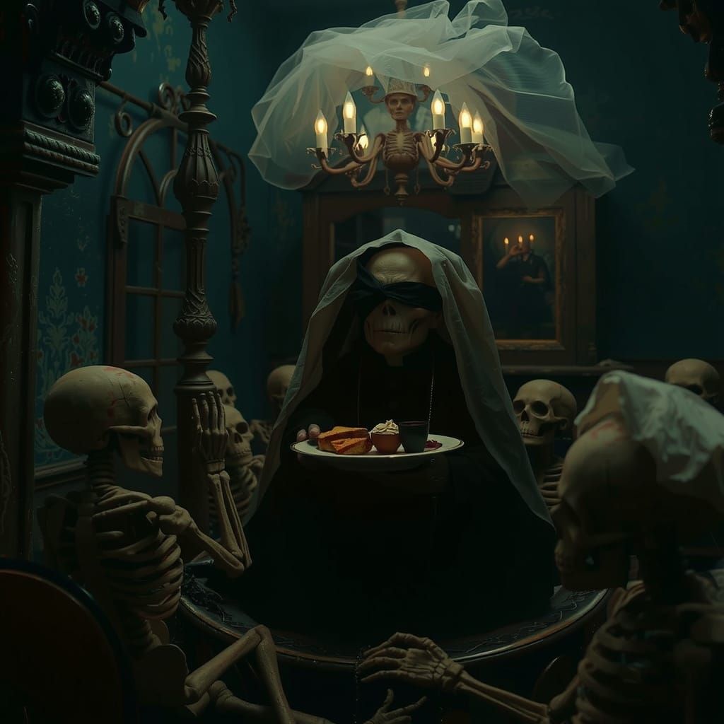 Sinister Doll Bride and Skeletons in Dark Fantasy