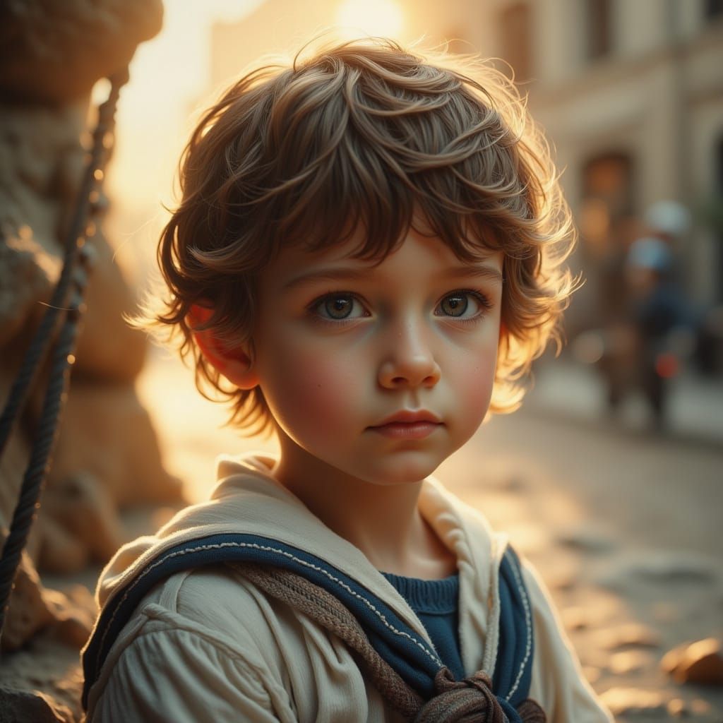 Gentle Sailor Boy in a Soft, Sunlit Setting