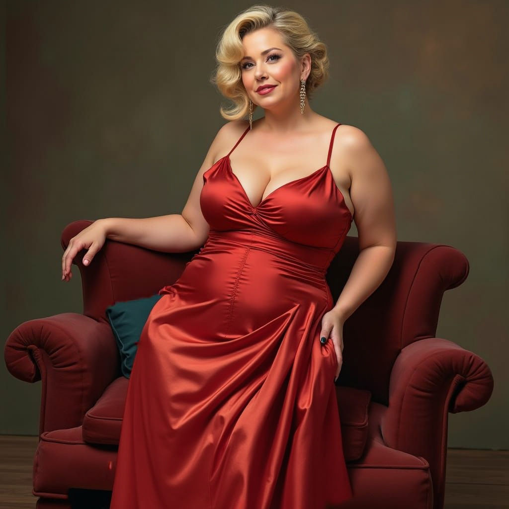 Voluptuous Woman in Lavish Satin Gown