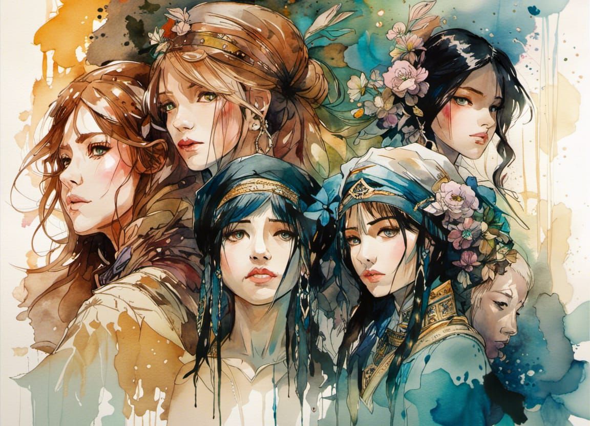 Manga Watercolor: Three Mourning Ladies in Baghdad