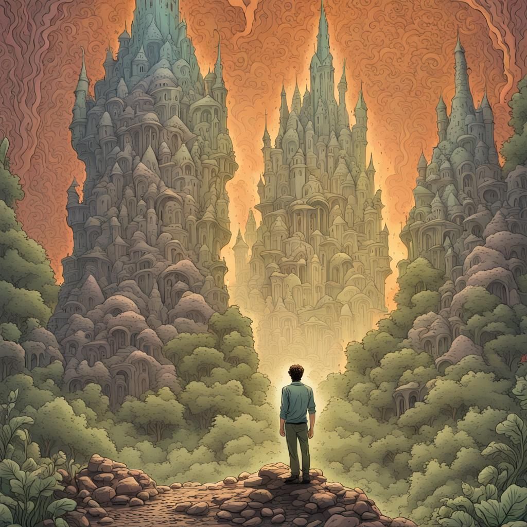 Man Encounters Fairy Building in Comix Style
