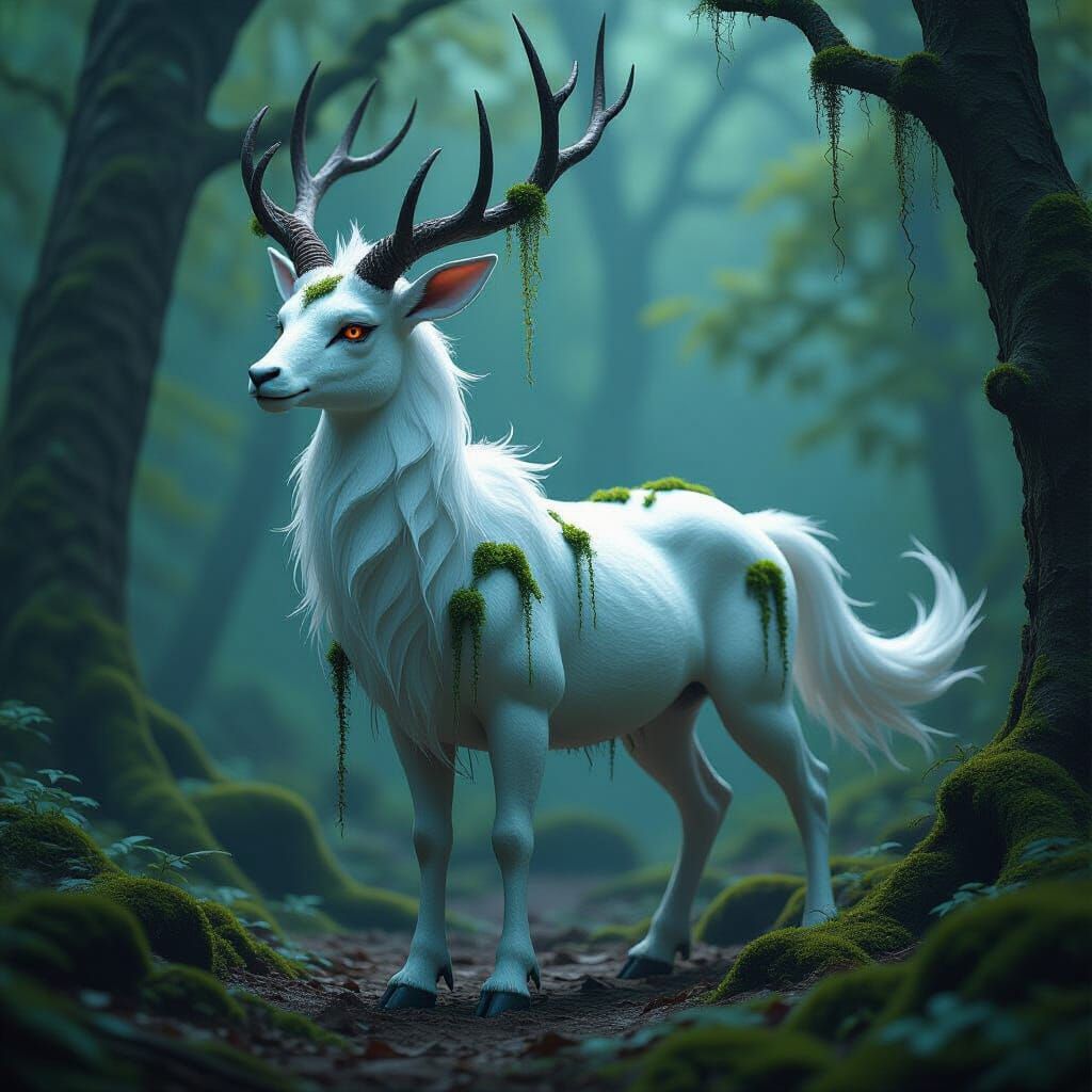 Mythical Dragon-Deer in Dark Forest, Hyperdetailed Art