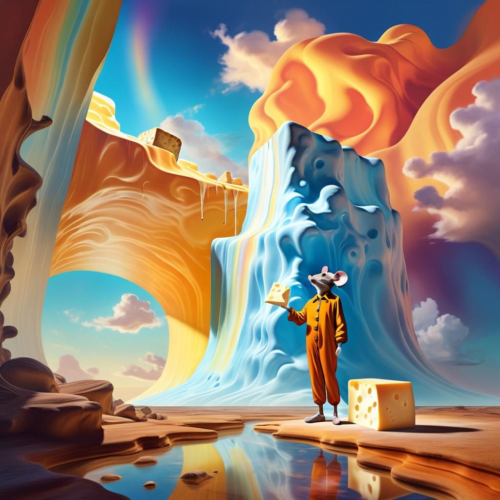Surreal Melting Canyon Scene with Mouse, Dali-Inspired