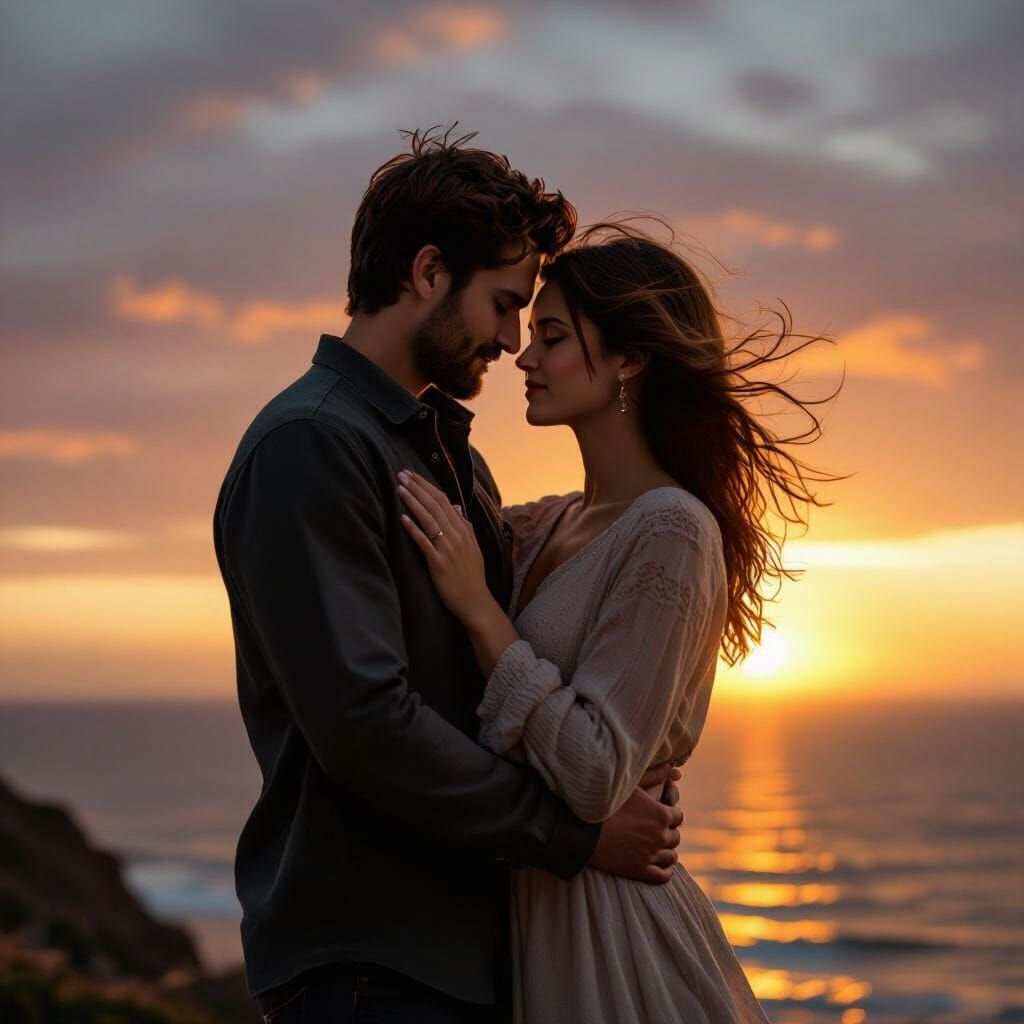 Romantic Cliffside Embrace at Dawn in Hyperrealistic Style