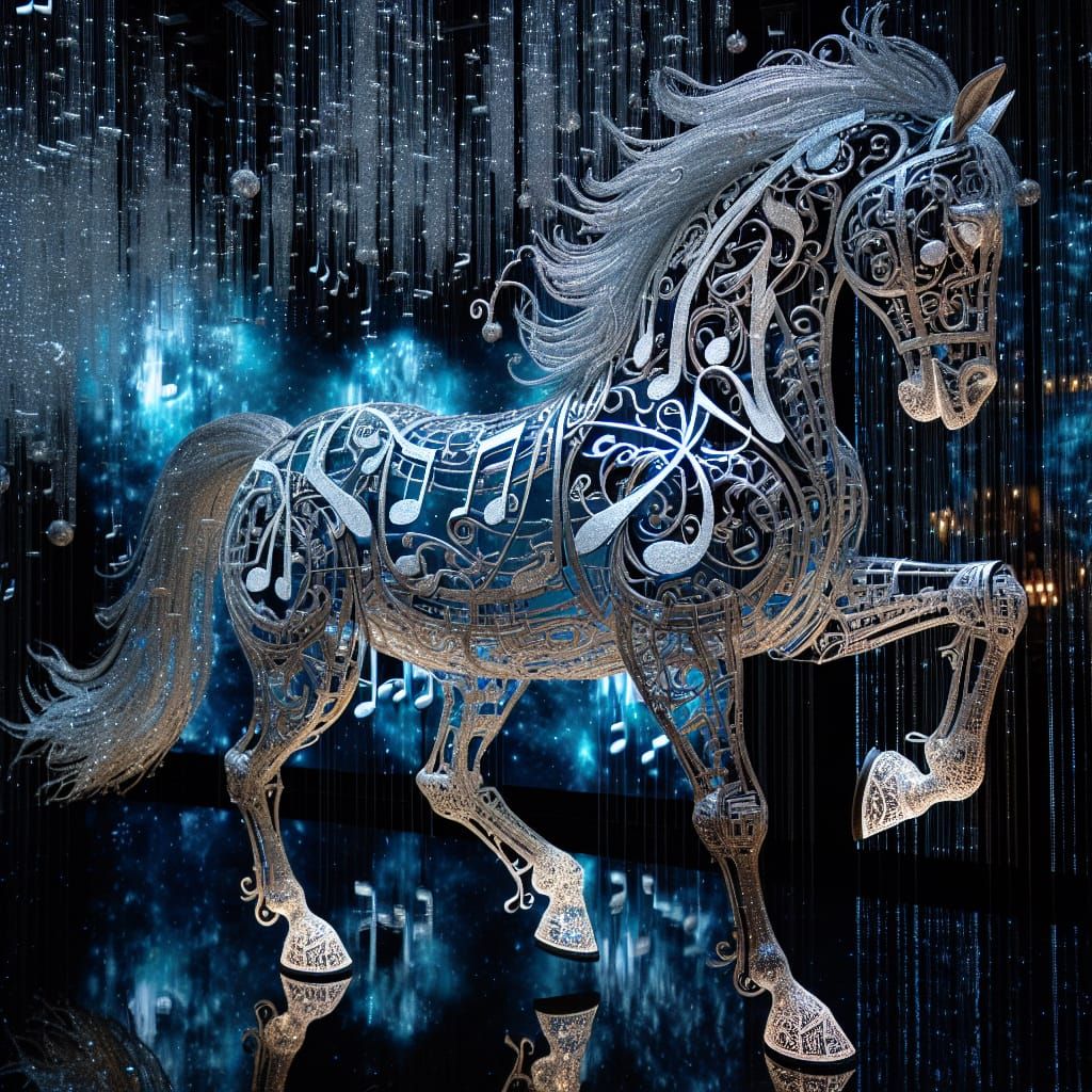 Mystical Musical Horse in Rain, Maximalist Art