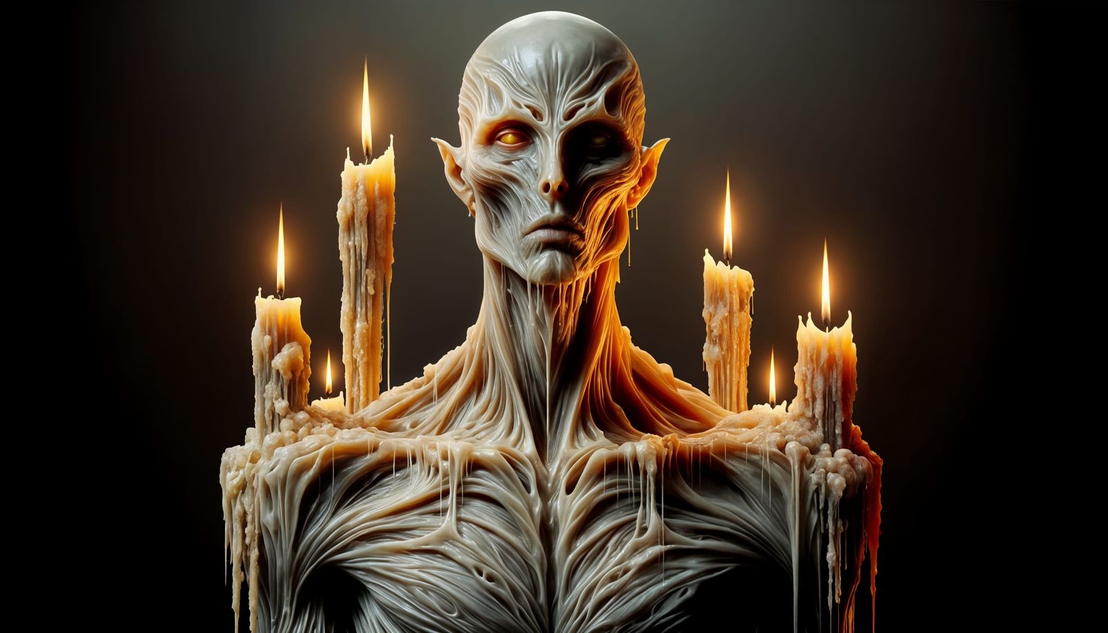 Surreal Wax Humanoid Figure with Burning Candles