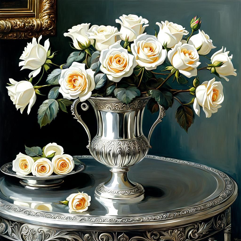 Silver Roses in Vase, Pre-Raphaelite Style