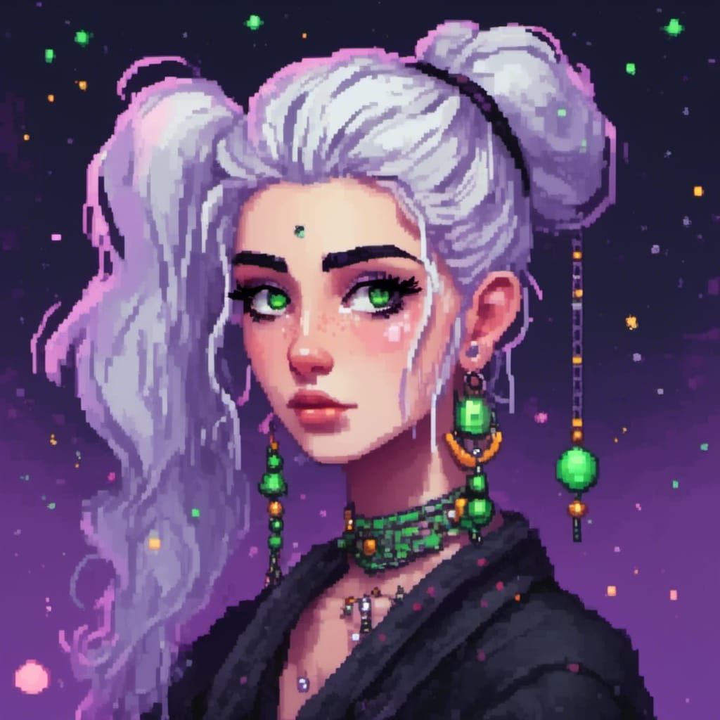 Girl with Black and White Hair and Moon Earring