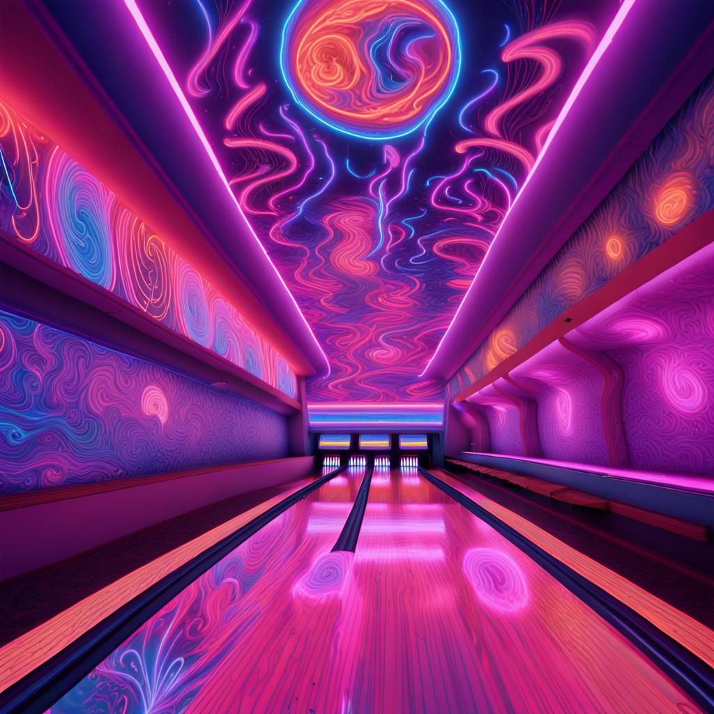 Neon Bowling Alley Dreamscape in Psychedelic Style