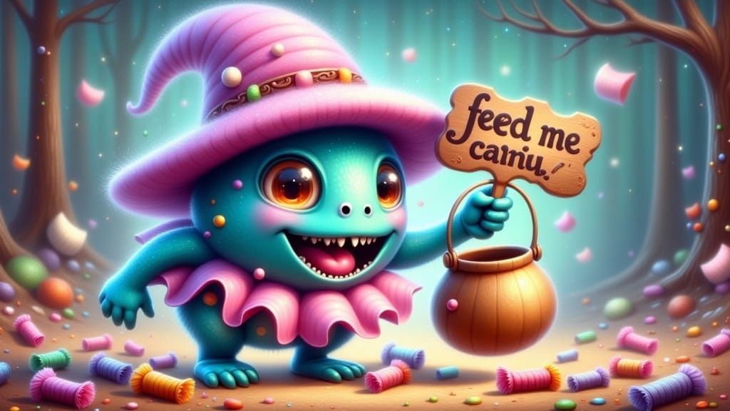Eerie-Cute Monster in Halloween Costume, Digital Painting