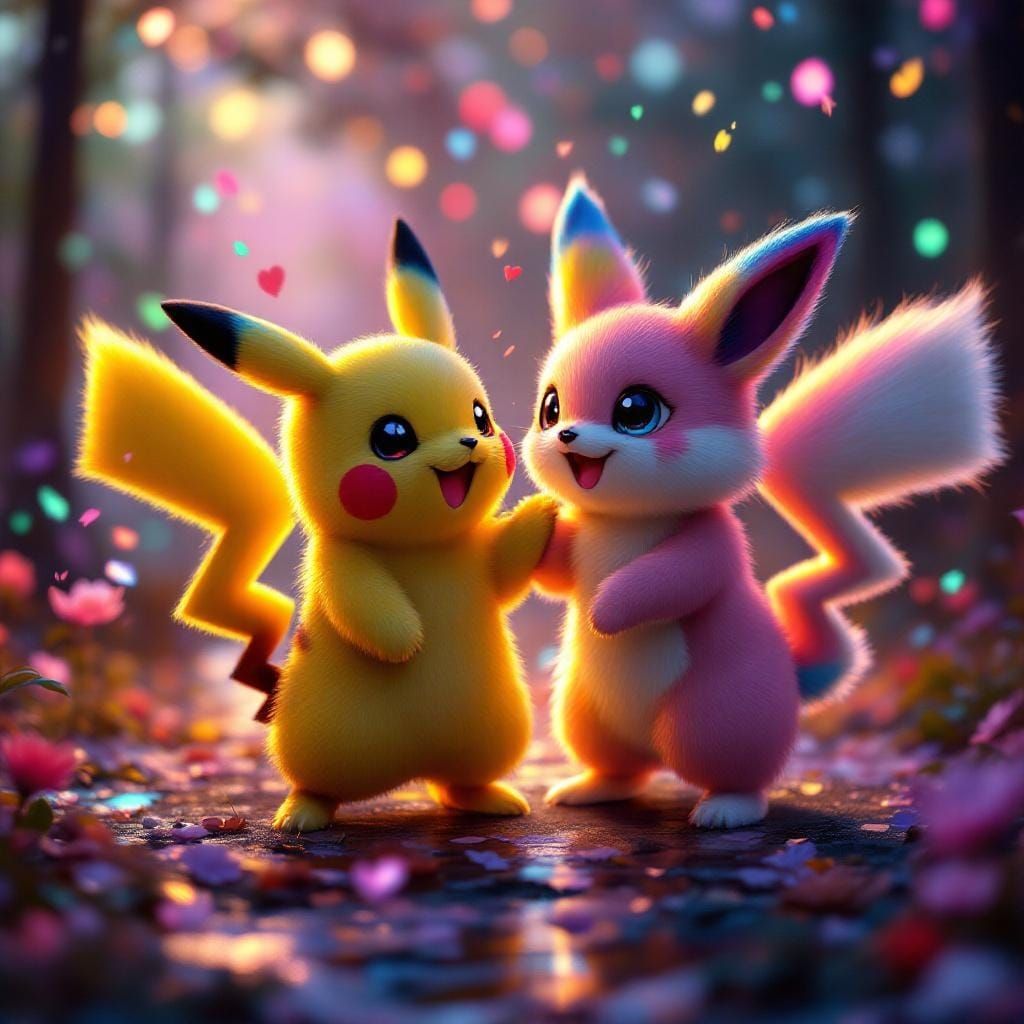 Pikachu and Fox Joyful Dance in Hyperrealistic Style