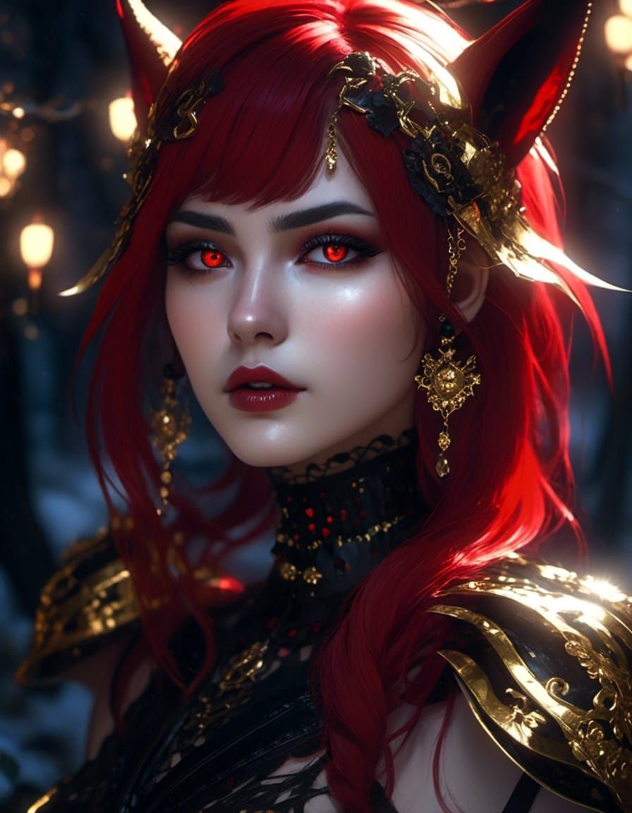 Gothic Kitsune Woman Portrait in Anime-Realism Style