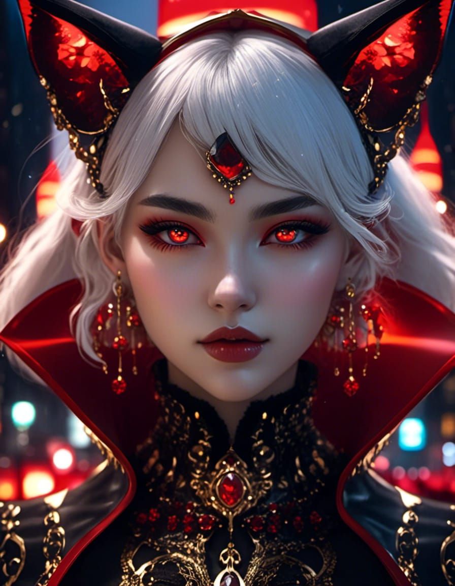 Gothic Kitsune Woman Portrait in Anime-Realism Style