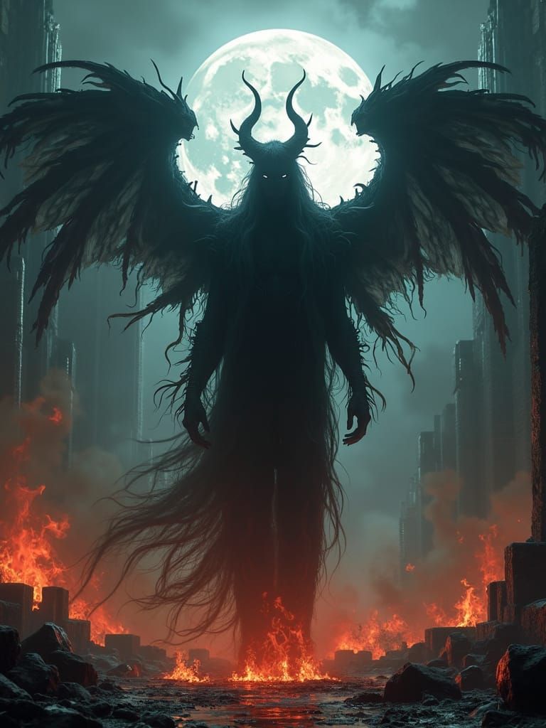 Mysterious Biomechanical Figure in Dark, Surreal Ruins