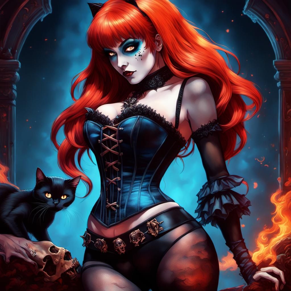 Anime Elvira with Red Hair in Corset, 3D Render