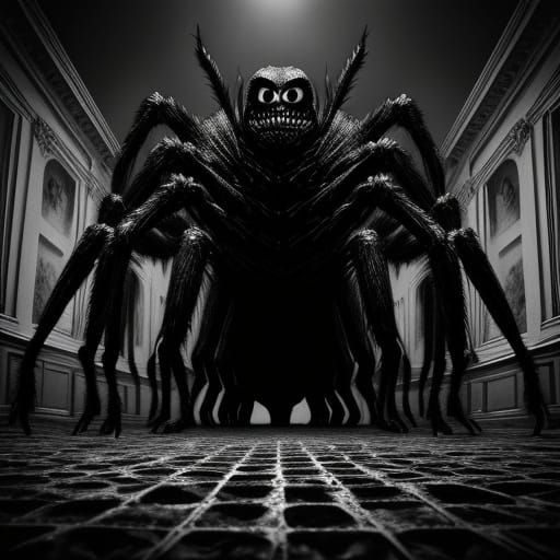 Giant Spiders on White House in Surreal Dark Style