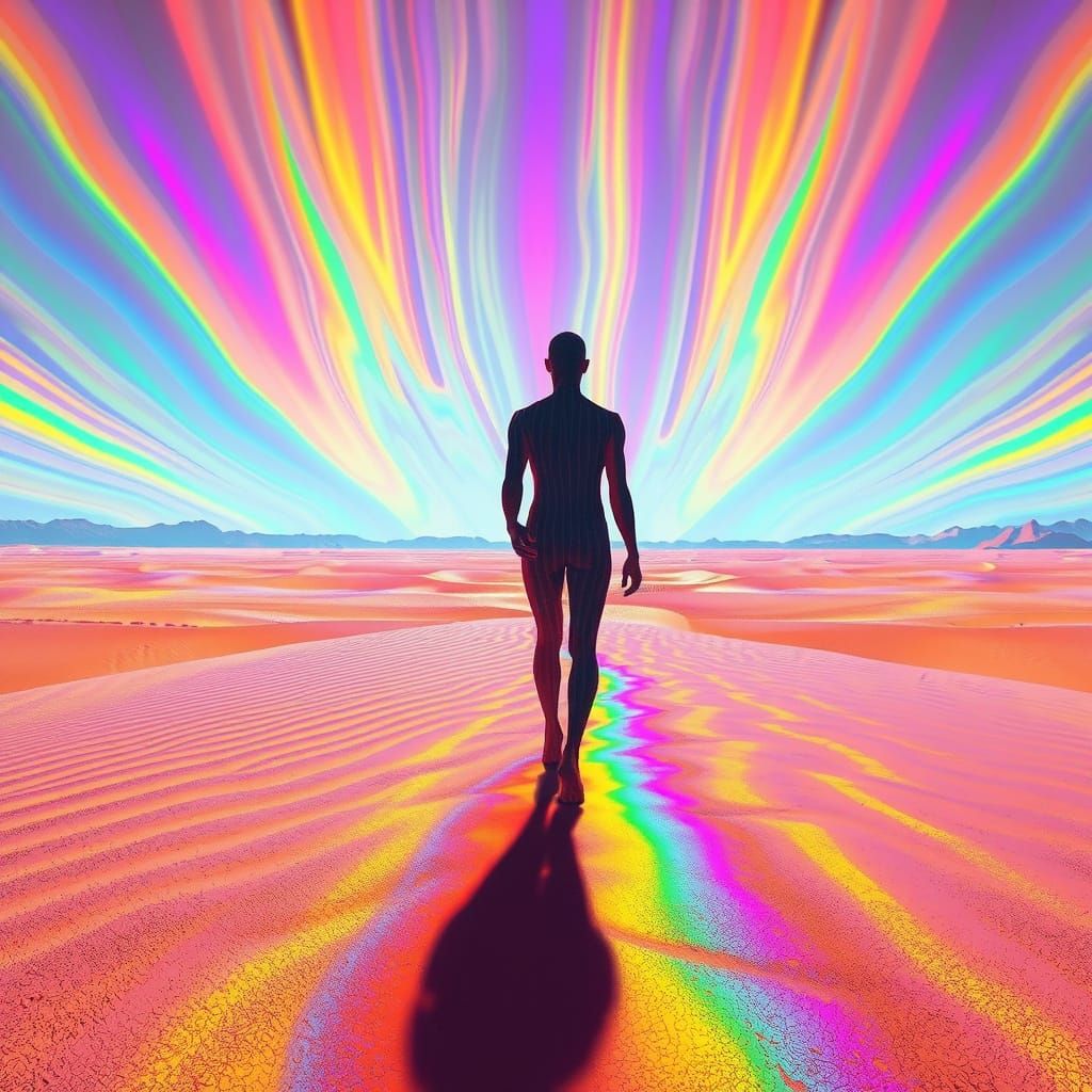 Dreamlike Desert with Rainbow Mirages, Surreal Landscape