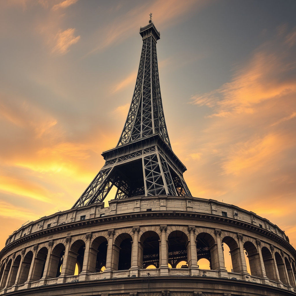 Eiffel Tower Rises Over Ancient Roman Colosseum