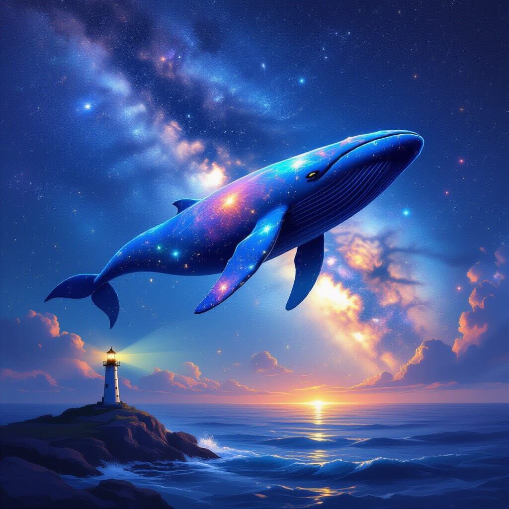 Celestial Whale Breaching Starry Sky: Digital Painting