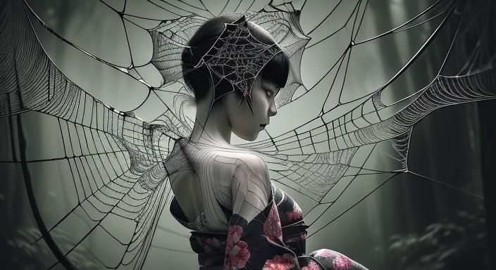 Spider Girl Kimono Dance in Forest: Hyperrealistic Image