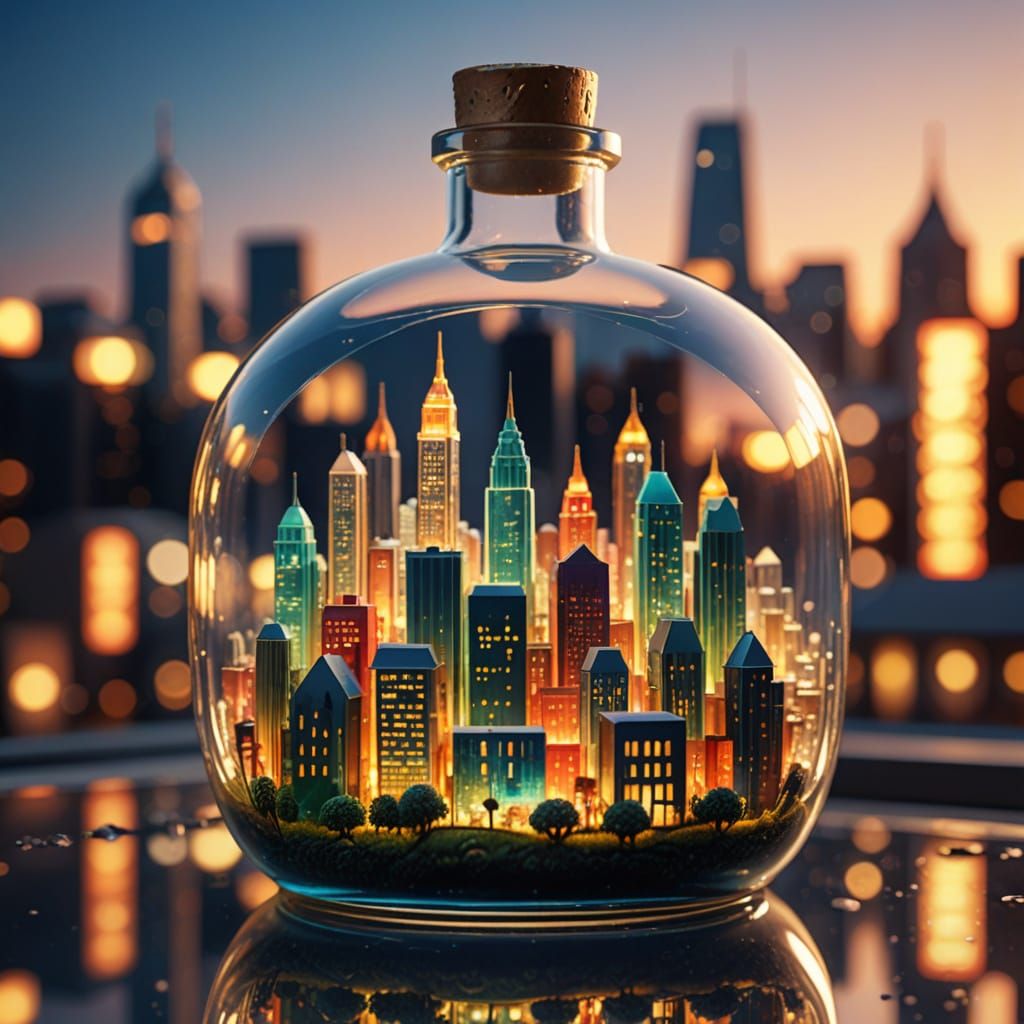 Miniature City Inside Glass Bottle: Macro Photography