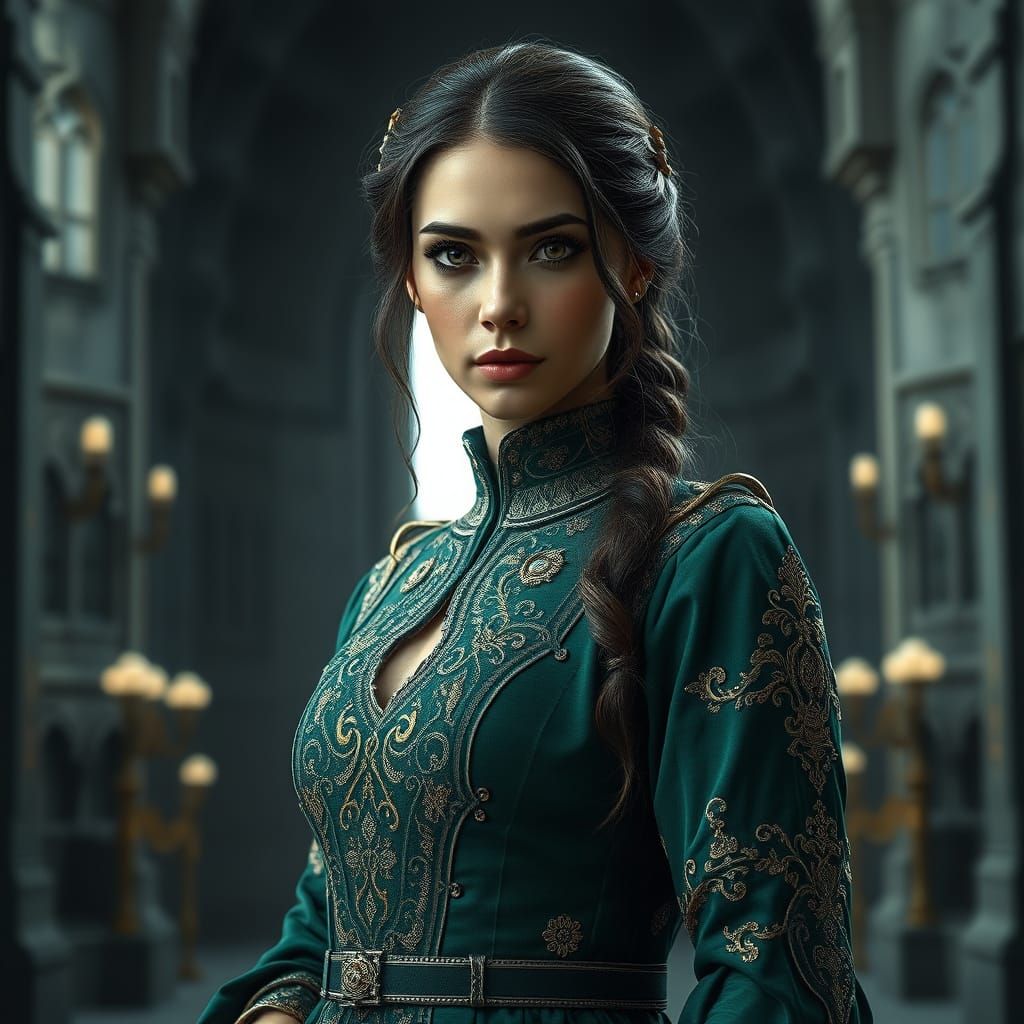 Woman in Emerald Gown in Monochrome Castle