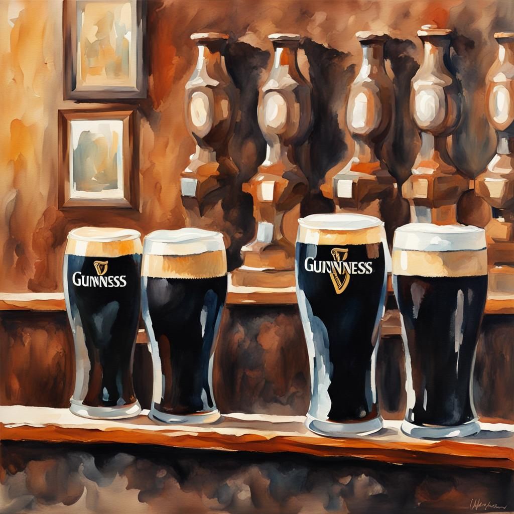 Pints of Guinness in Gouache Watercolor Style