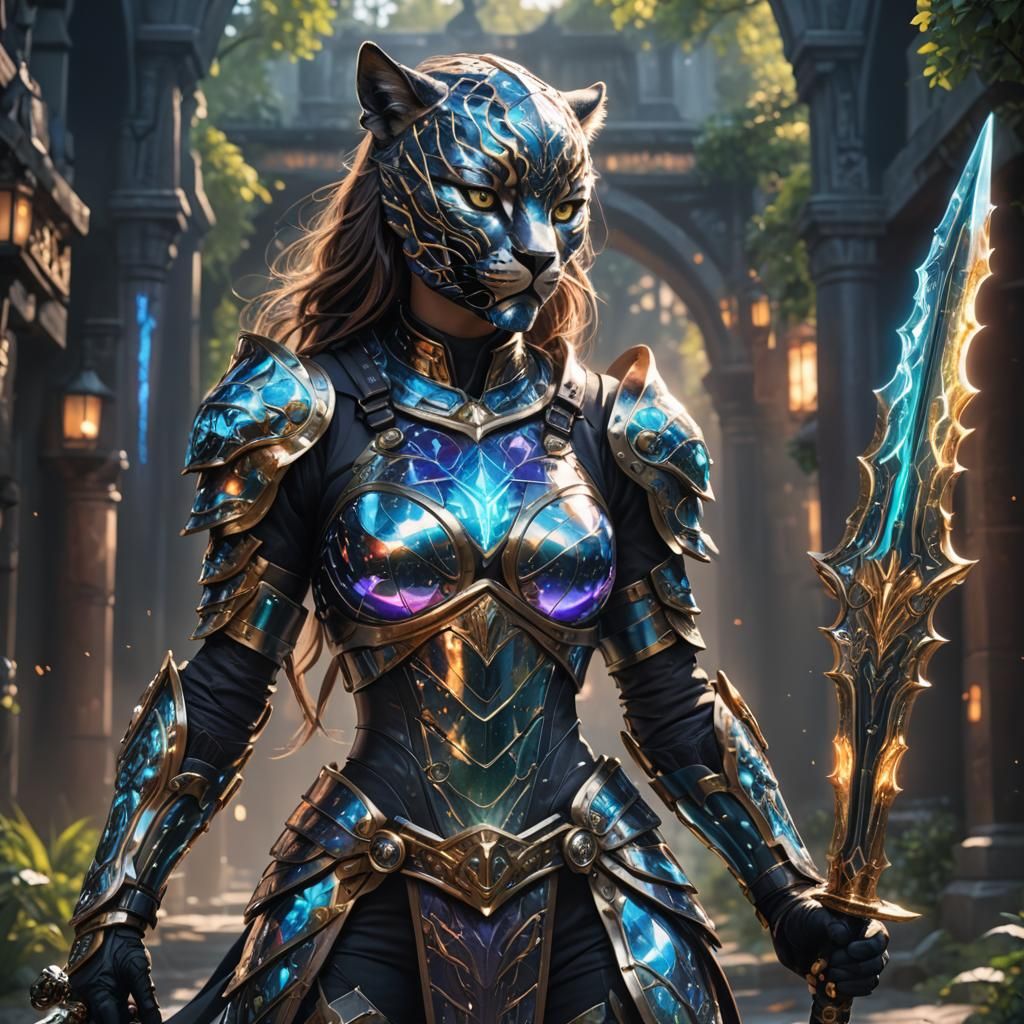 Anime Woman Warrior in Iridescent Panther Armor