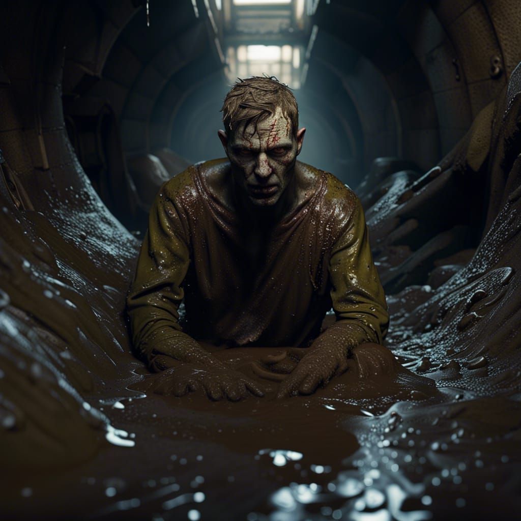 Mud-Covered Man in Sewer: Detailed Matte Painting