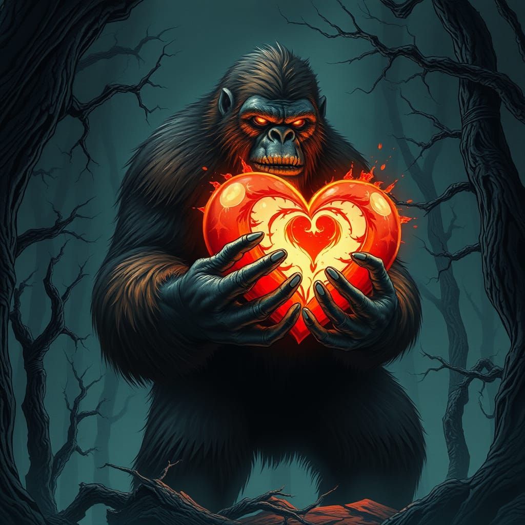 Gothic Sasquatch Embracing a Radiant Valentine Heart