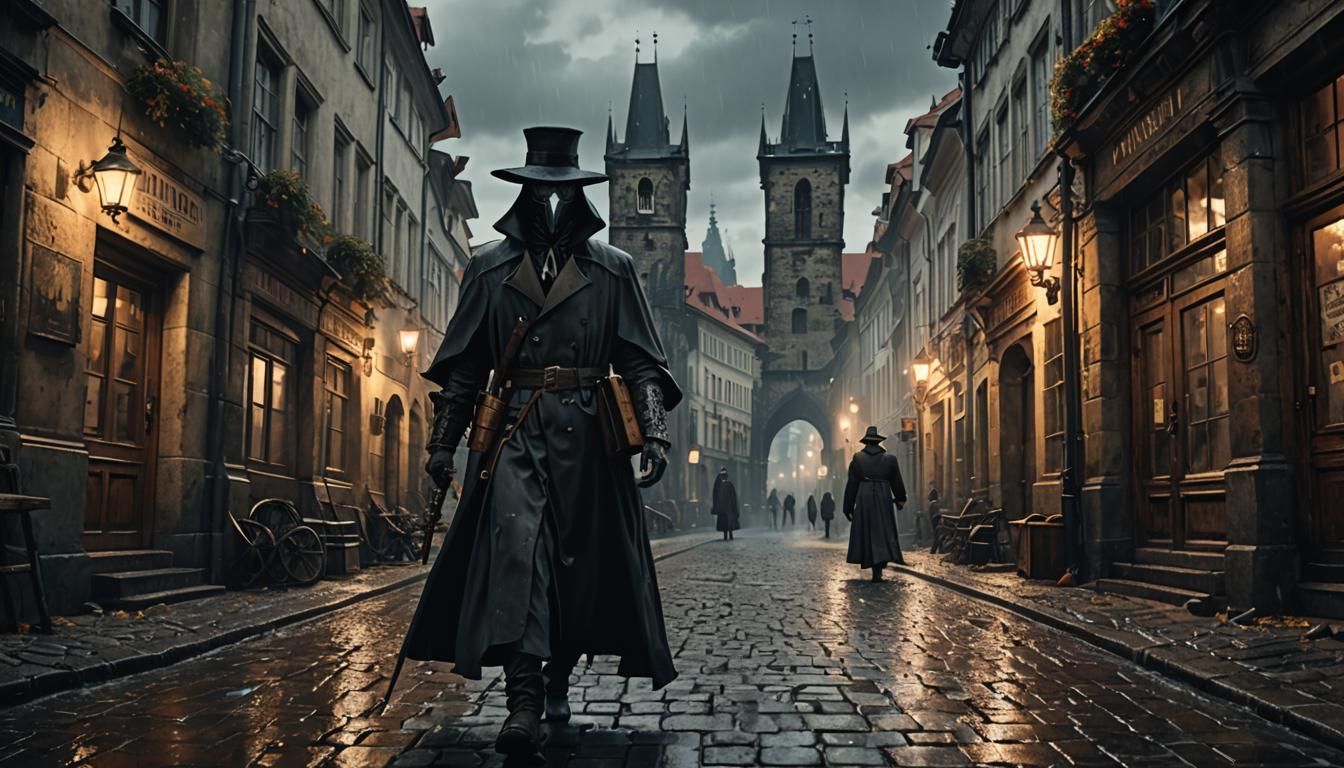 Plague Doctor Walks Prague Street on Rainy Day