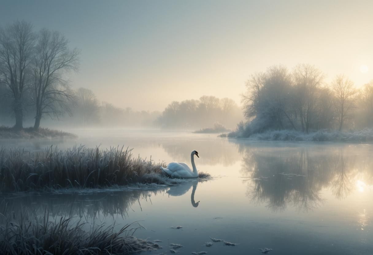 Swan in Misty Frozen Landscape: Digital Painting